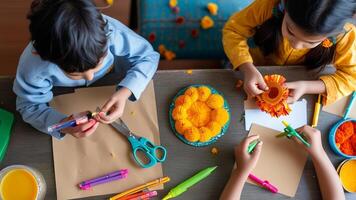 Kids making crafts with colorful materials. photo