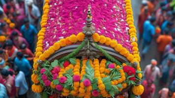 Overhead view of a beautifully decorated palanquin during a festive procession. Rich colors, flowers, and cultural celebration. photo