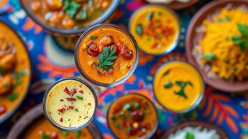 Overhead shot of various Indian curries and dishes. photo