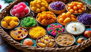 Assortment of colorful Thai desserts photo