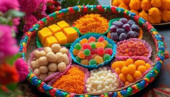 Assorted Indian sweets and snacks in a decorative tray. photo