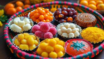 Assorted colorful traditional sweets in a basket photo