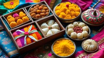 Assorted Indian sweets and snacks in decorative boxes photo