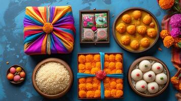 Traditional Indian sweets and gift boxes for celebrations. photo