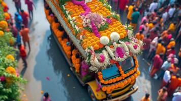 Colorful Festive Procession with Flower Decorated Vehicle photo