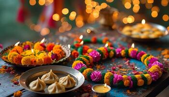 Delicious Modak and vibrant floral decorations for Diwali celebration. photo
