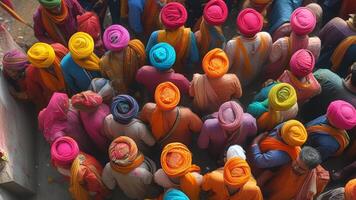 Overhead shot of diverse individuals wearing vibrant turbans. photo