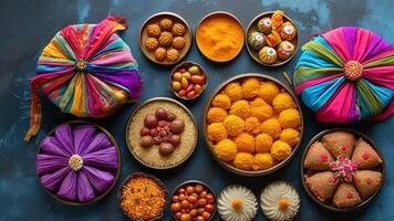 Colorful Indian sweets and gifts arranged for a celebration. photo
