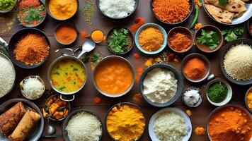 Variety of Indian spices and dishes photo