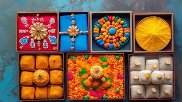 Assorted Indian sweets and vibrant decorations arranged in boxes. photo