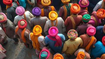 Overhead view of people wearing colorful turbans. photo