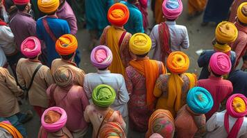 Overhead view of people wearing colorful turbans. photo