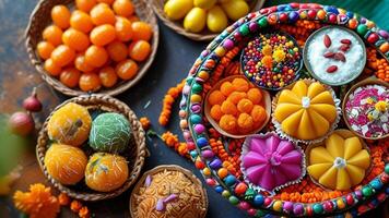 Delicious and vibrant Indian sweets in traditional bowls. photo