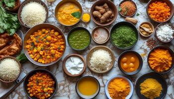 Variety of Indian dishes and spices photo