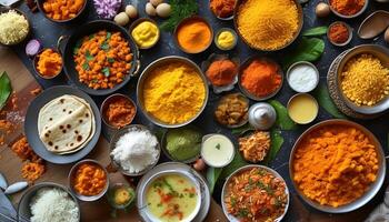 Variety of Indian spices, vegetables, and dishes. photo
