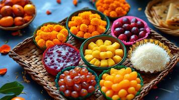 Assorted colorful Thai desserts and fruits photo