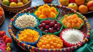 Colorful sweets and fruits in a basket photo