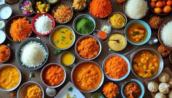 Variety of Indian spices, vegetables, and prepared dishes. photo