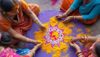 Indian women collaboratively creating vibrant Rangoli design. photo