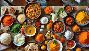 Overhead view of a vibrant spread of Indian food and spices. photo