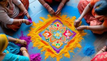 Women creating a vibrant Rangoli design. photo