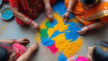 Women creating colorful Rangoli art. photo