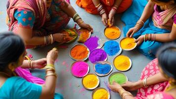 Women making colorful Rangoli patterns photo