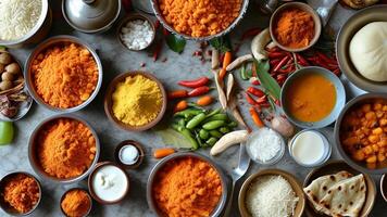 Overhead shot of various Indian spices, vegetables, and ingredients. photo