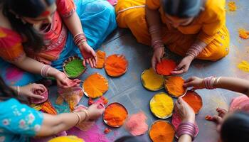 Top view of women celebrating Holi, arranging vibrant colors. photo