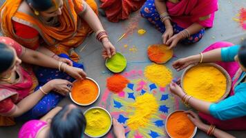 Women creating colorful Rangoli art. photo