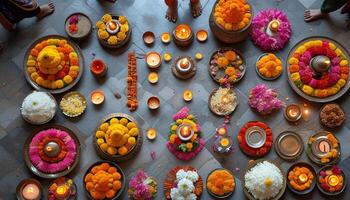 Overhead view of vibrant floral arrangements and candles. photo