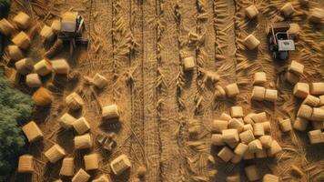 Aerial view of hay bales in a harvested field photo