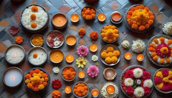 Top view of colorful floral Rangoli and candles. photo