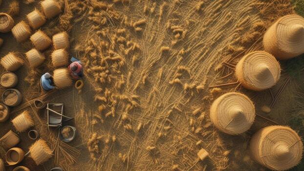 Farmers harvesting rice in paddy field. Top view. photo