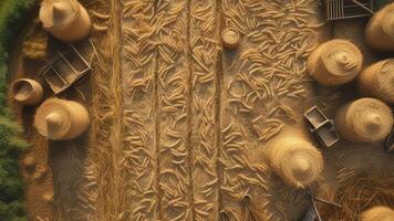 Aerial view of harvested flax drying in the sun photo