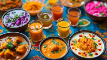 Colorful array of Indian dishes and drinks. photo