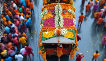 Overhead view of a vibrant funeral procession adorned with flowers. photo