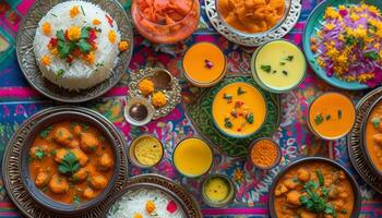 A vibrant spread of Indian food, showcasing diverse dishes and spices. photo