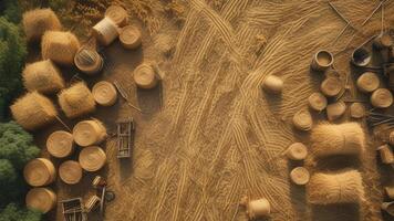 Aerial view of hay bales in a harvested field photo