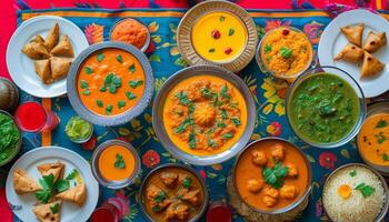 Overhead view of a vibrant spread of Indian dishes. photo