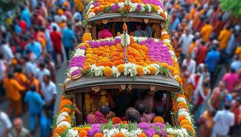 Vibrant flower adorned float in a crowded festival procession. photo