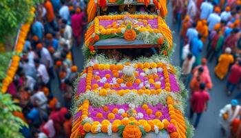 Colorful decorated floats in a vibrant street parade. photo
