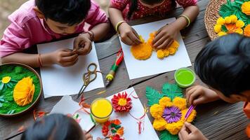 Children making paper flowers, arts and crafts activity. photo
