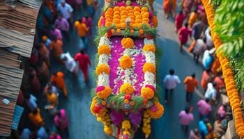 Overhead view of vibrant floral procession photo