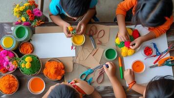 Children crafting together, colorful art supplies photo