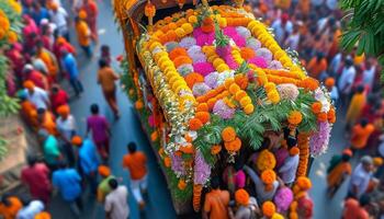 Vibrant floral procession, cultural festival photo