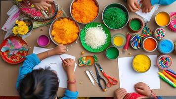 Children's hands creating colorful art. photo