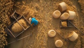 Aerial view of farmer harvesting rice photo
