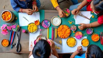 Children crafting with colorful flowers photo