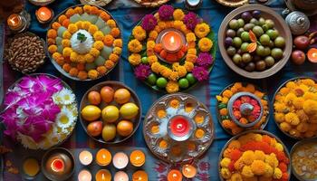 Colorful fruits, flowers, and candles arranged for a traditional Indian ceremony. photo